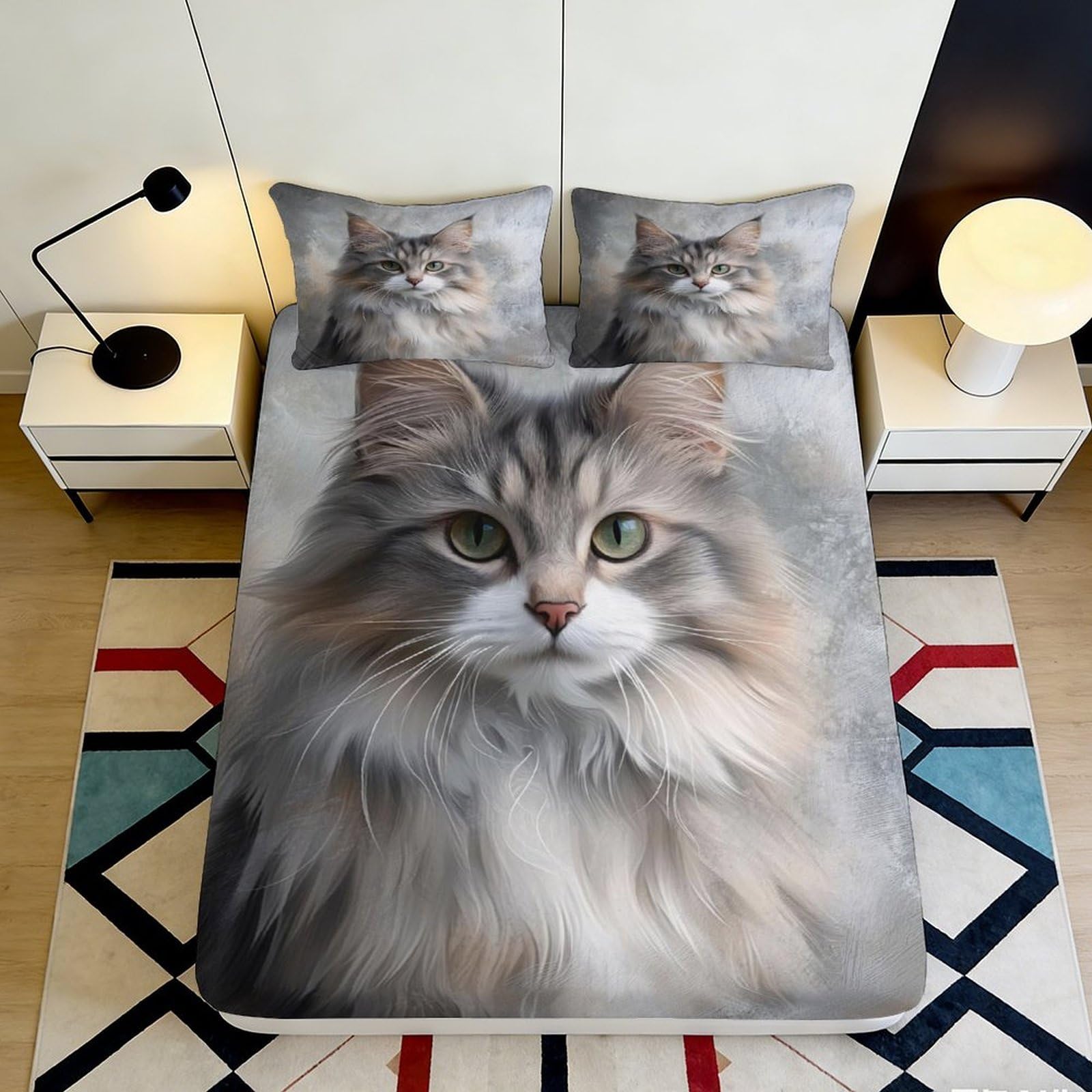 3D Printed Realistic Cat Fitted Sheet Microfiber Soft Breathable Animal Portrait Bed Cover for Bedroom Guest Room Decor 90x200x25cm