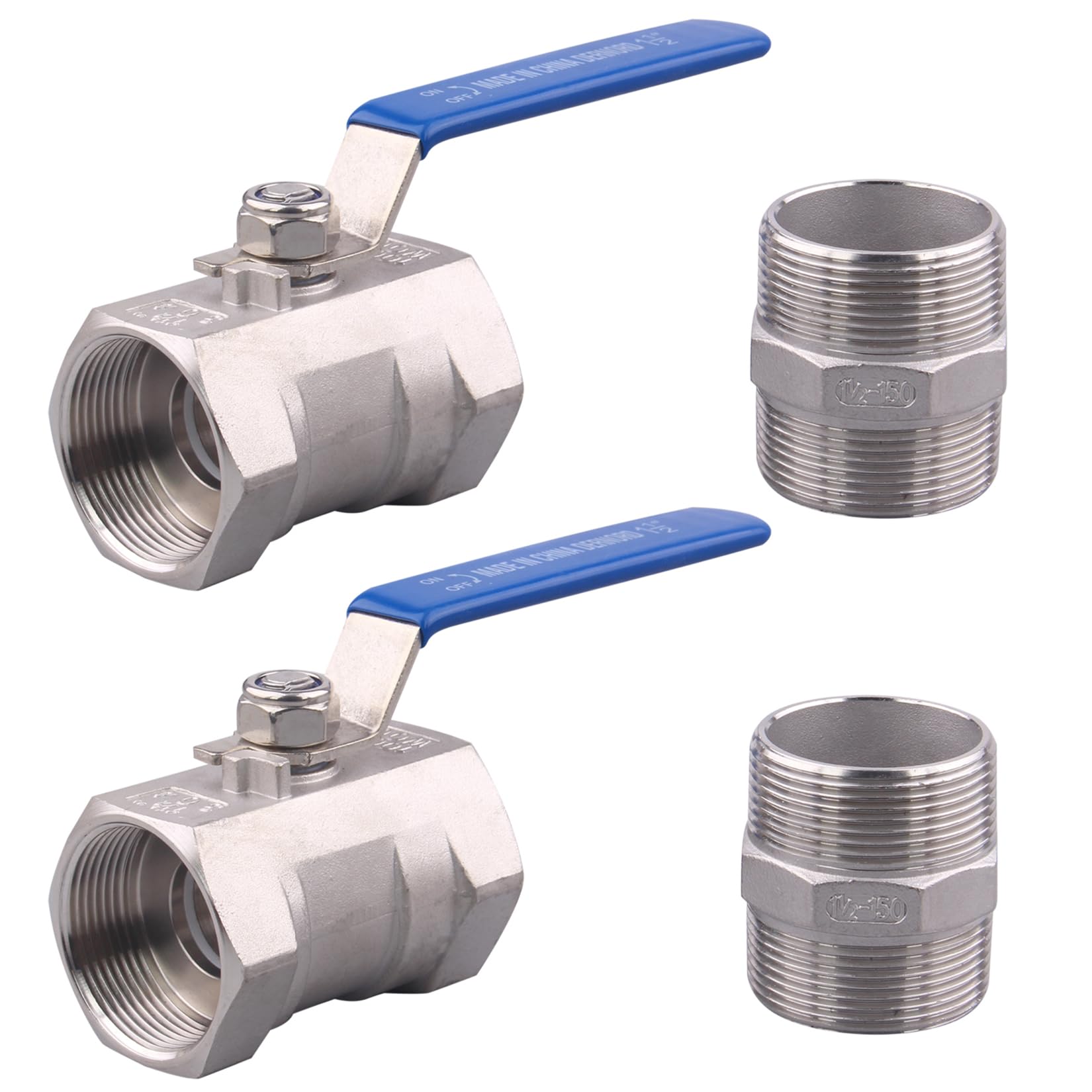 DERNORD 1PC Type Stainless Steel 1-1/2 Inch Ball Valve NPT Standard Port with Male Hex Nipple for Water, Oil, and Gas (Pack of 2)