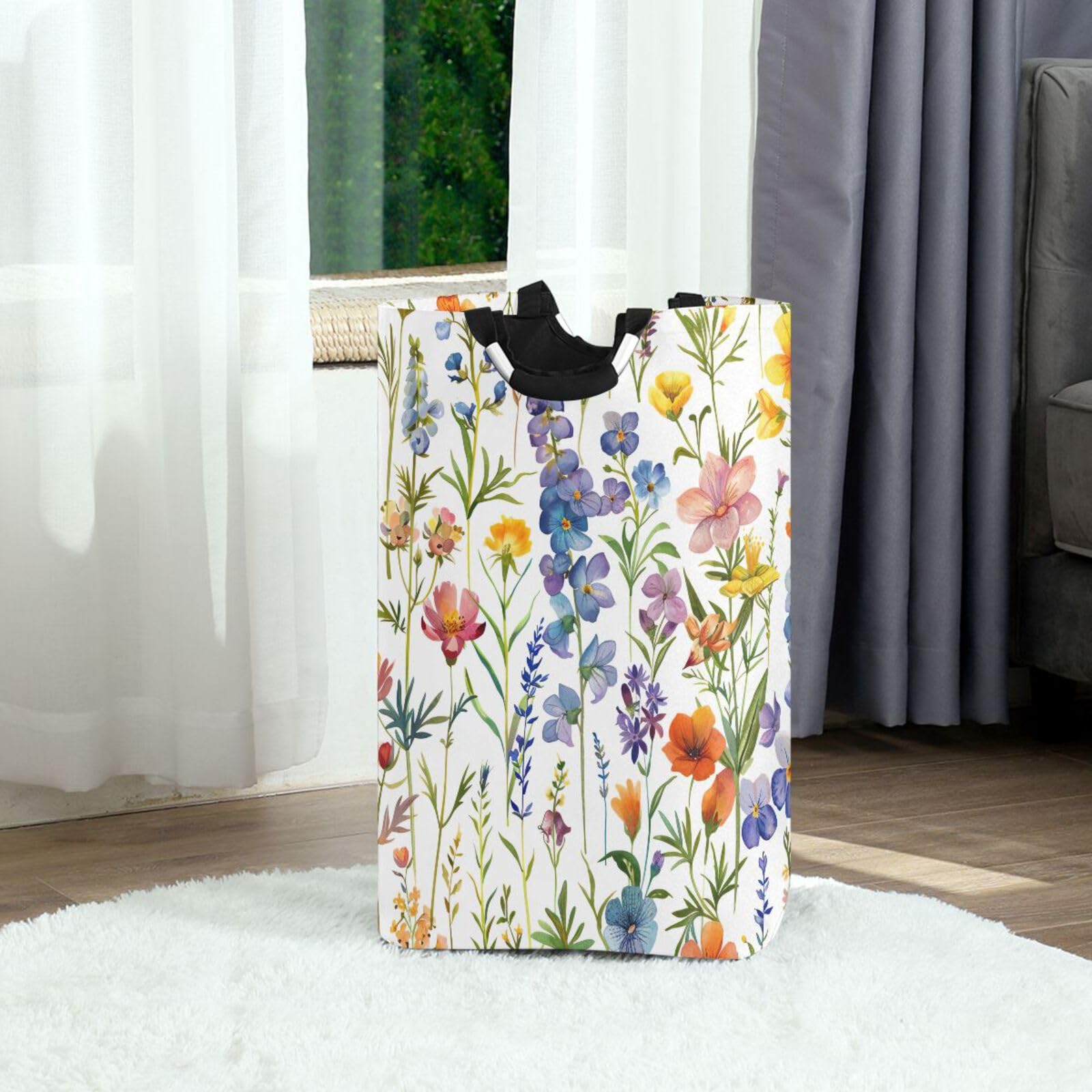 Jihqo Laundry Hamper Basket Little Wildflowers Collapsible Nursery Storage Bin Waterproof Clothing Baskets for Home Bedroom Bathroom Washing Room