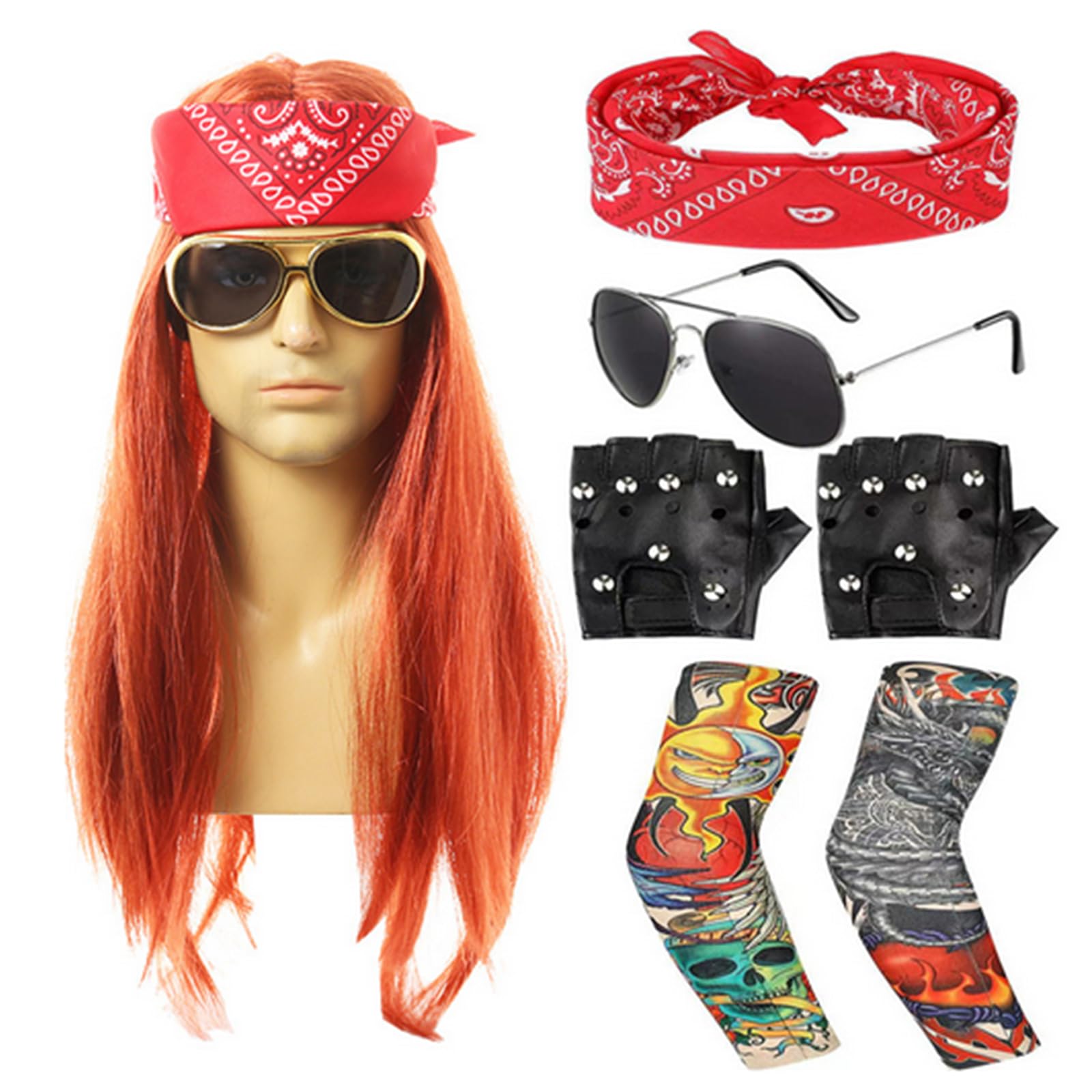 80S Fancy Dress Men Wham,Adult Rockstar World Book Day Costumes 70S 90S Punk Gothic Rocker Heavy Metal(Wigs+Sunglasses+Gloves+Bandana+Tattoo Sleeves)Halloween Accessories Set(Long-Red,7 Pcs)