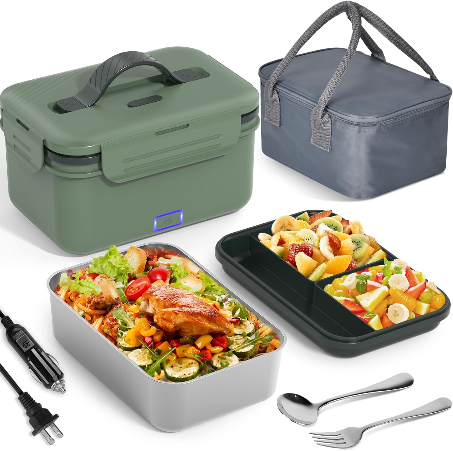 Vabaso Electric Heated Lunch Box for Adults, 100W Portable Food Warmer for Car/Truck Home/Work, Heating Lunchbox with 1.8L/61oz Stainless Steel Container, 12V/24V/110V
