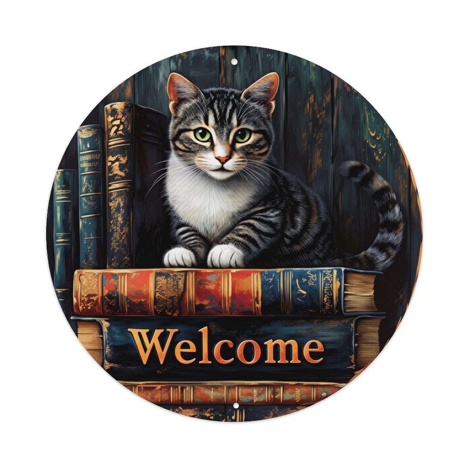 Cat Books Welcome Pattern Print Round Tin Sign Retro Metal Sign for Cafe Bar Pub Home Game Room Gym Club Wall Decoration Vintage Metal Poster 8x8 Inch
