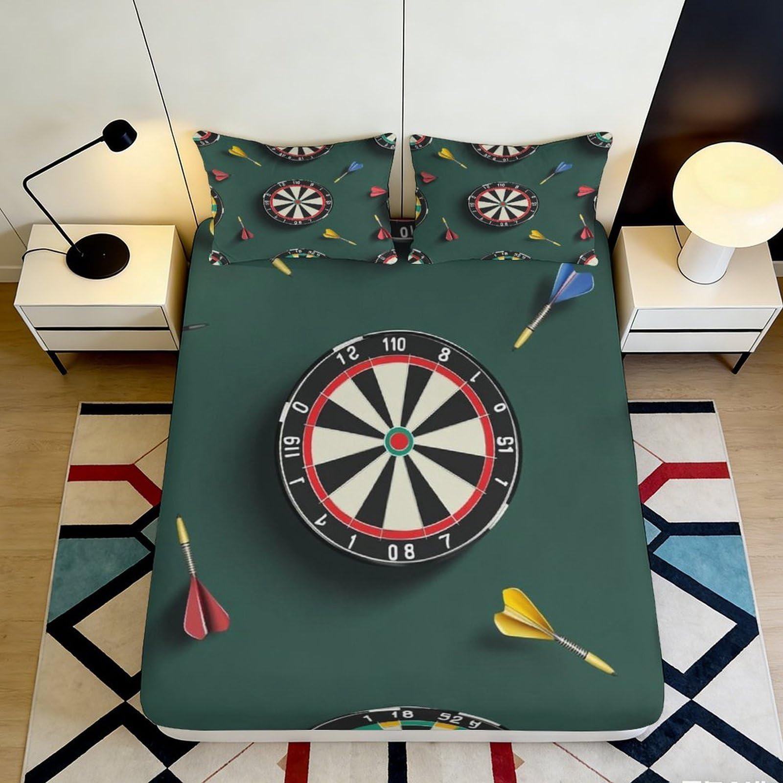 3D Printed Dartboard Fitted Sheet Microfiber Soft Green Bedroom Decor Arrow Bed Cover for Home Guest Room 90x200x25cm