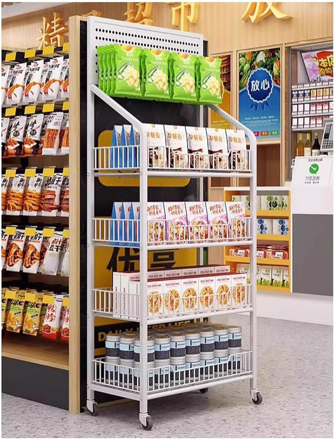 Snack Storage Rack,4Tier Candy Display Rack Snack Organizer Chip Display Rack,Large Floor Supermarket Snack Organizer Carts,Metal Snack Holder Snack Stand Retail Display Shelves Fo