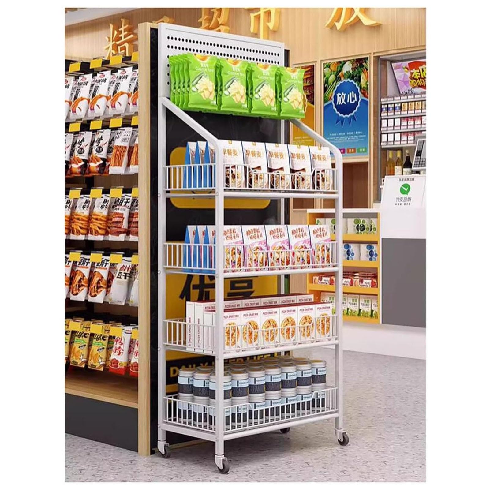 METTEOR Snack Storage Rack,4Tier Candy Display Rack Snack Organizer Chip Display Rack,Large Floor Supermarket Snack Organizer Carts,Metal Snack Holder Snack Stand Retail Display Shelves Fo (One Colo