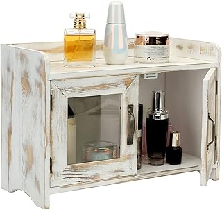 MyGift Rustic Whitewashed Wood Kitchen and Bathroom Countertop Storage Cabinet with Glass Windows and Vintage Brass Handles