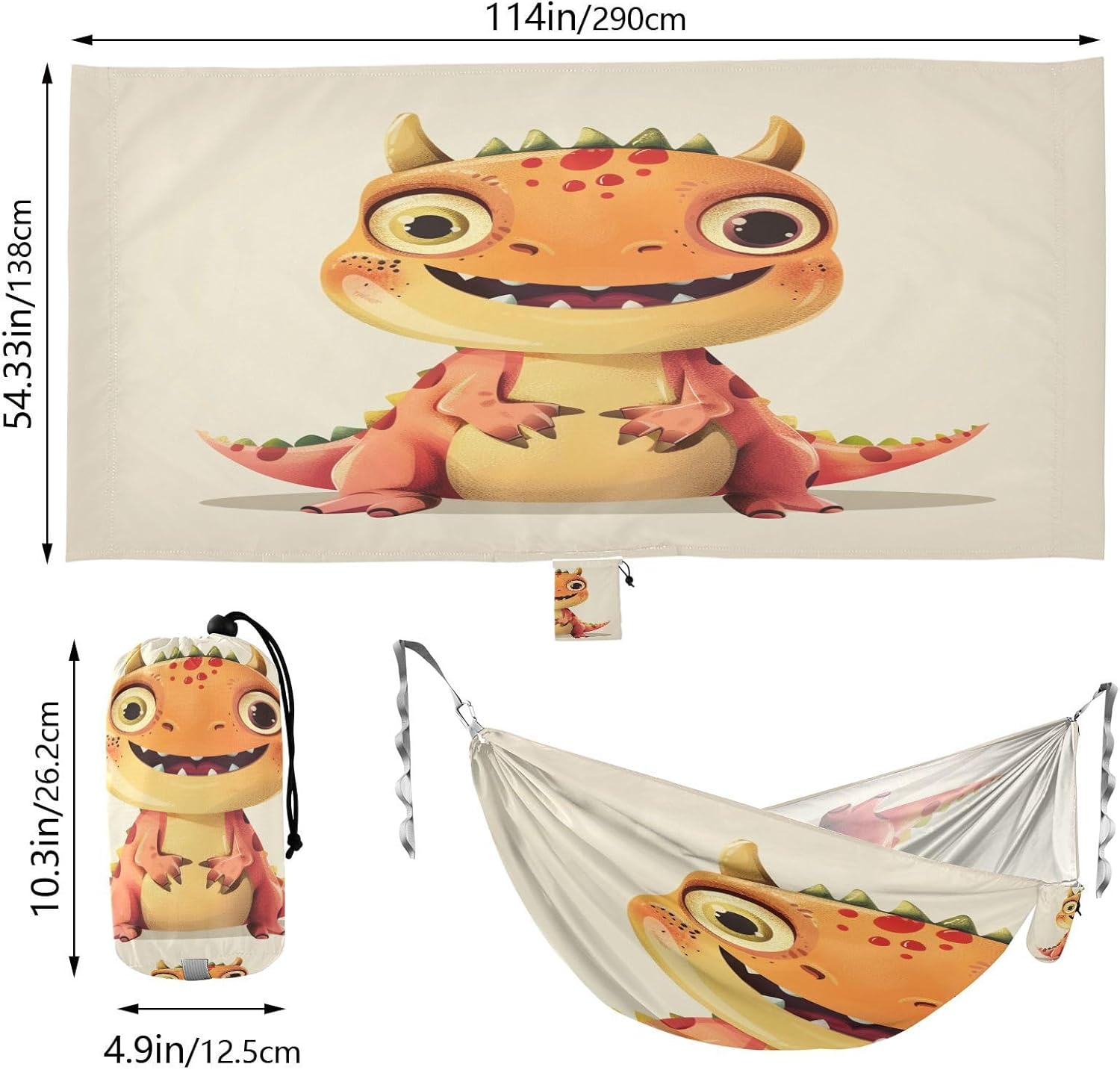ALAZA Cute Dinosaur Dino Cartoon Camping Hammocks Single or 2 Person 500 lbs Portable Parachute Travel Hammock w/Tree Straps for Hiking Backpacking Indoor Outdoor