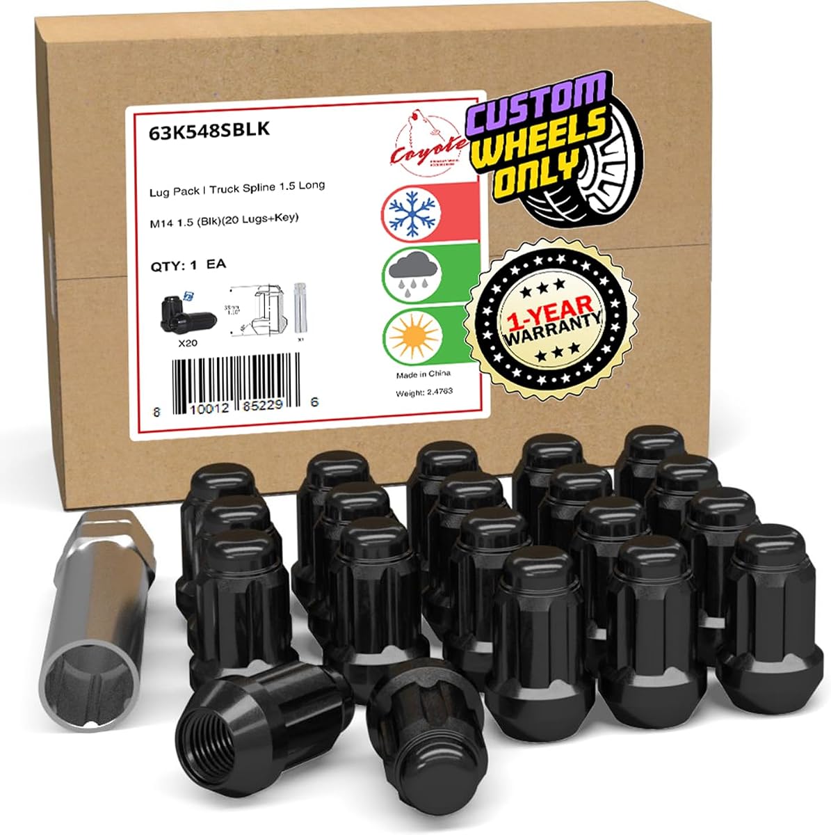Wheel Accessories Parts 20 Pcs M14x1.5 14x1.5 Thread Short Truck 1.50" Long Spline Lug Nuts Black 6 Spline Hex Fits Chevy Camaro Corvette | Dodge Charger Challenger | Ford Mustang | Jeep Wrangler