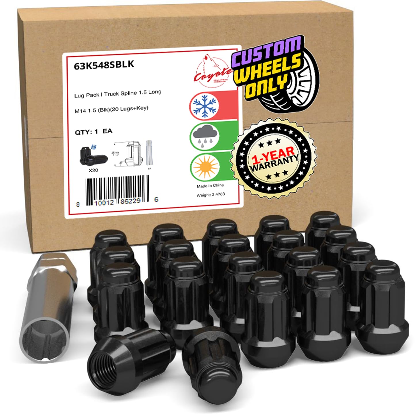 Wheel Lug Nuts 20Pcs M14x1.5 60° Cone 1.50" Short Truck 6-Spline Black