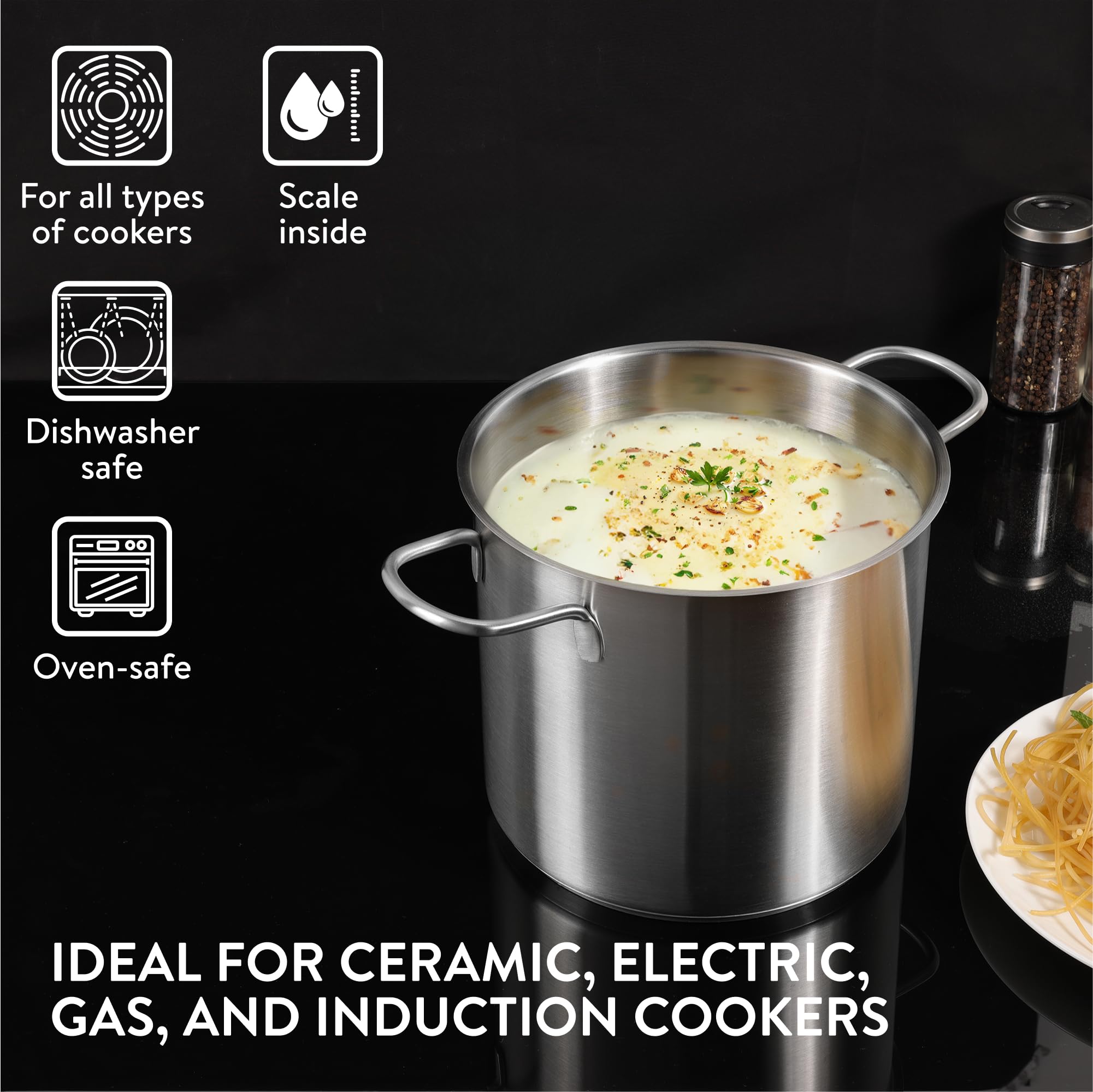 Navaris Olla de acero inoxidable para pasta y verduras, 5.7 L (6.1 cuartos de galón) – Maceta versátil – Apto para inducción, gas, eléctrico y horno – Lavavajillas