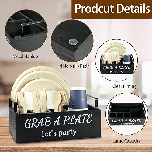 Miniatura 7 de Soporte para platos de papel, organizador de utensilios, dispensador de platos de papel de madera, soporte para cubiertos y caja de accesorios de