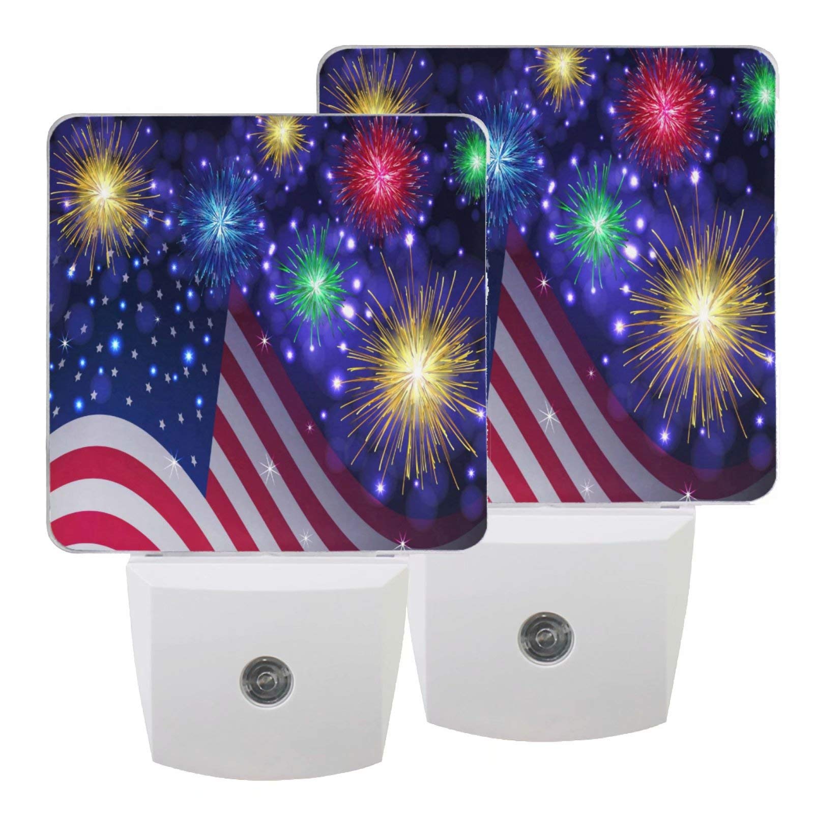 Pfrewn Memorial Independence Day Patriotic Night Light Set of 2 Firework 4Th of July Plug-in LED Nightlights Auto Dusk-to-Dawn Sensor Lamp for Bedroom Bathroom Kitchen Hallway Stairs Decorative