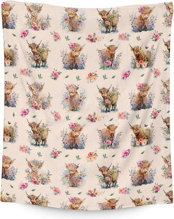 Mercuryelf Highland Cow Throw Blanket - Soft, Fuzzy & Warm - 50x60 Inches Flannel Blankets for Living Room, Sofa - Beige Cute Throws Gift for Teens
