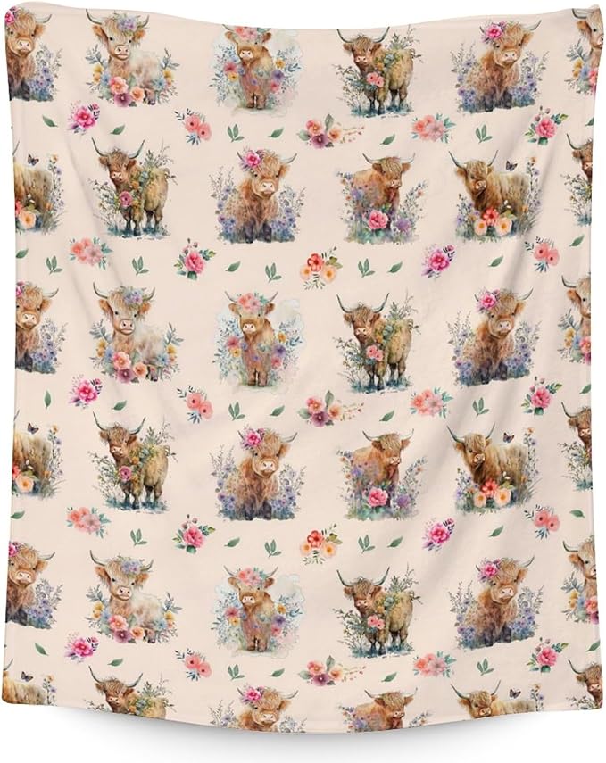 Mercuryelf Highland Cow Throw Blanket - Soft, Fuzzy & Warm - 50x60 Inches Flannel Blankets for Living Room, Sofa - Beige Cute Throws Gift for Teens