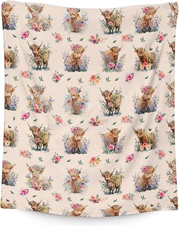 Mercuryelf Highland Cow Throw Blanket - Soft, Fuzzy & Warm - 50x60 Inches Flannel Blankets for Living Room, Sofa - Beige Cute Throws Gift for Teens
