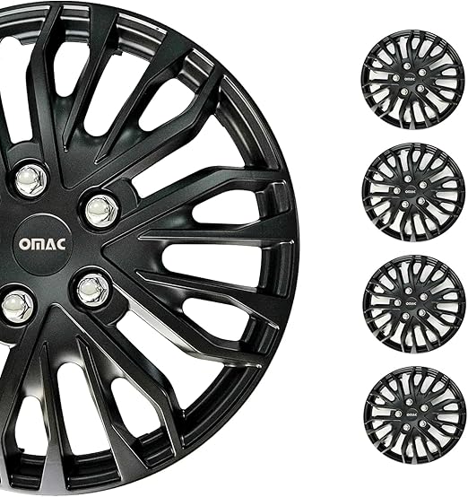 OMAC Black Hub Caps 15 Inch Set of 4, Tapas para Rines 15, Premium Wheel Covers 15 Inch, R15 Rim Cover Set, Snap On Durable Car Replacement Exterior Accessories