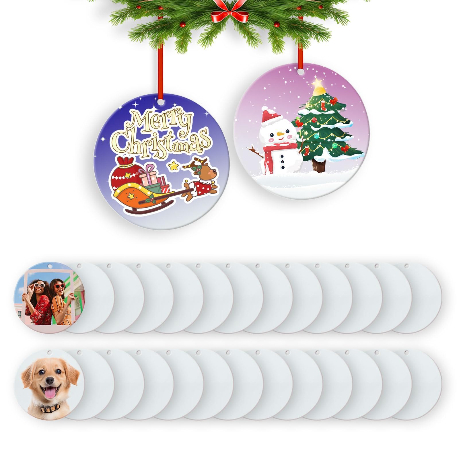 HTVRONT Sublimation Ornament Blanks 26 PCS- 3 Inch Sublimation Christmas Ornament Blanks Double Side with Red String
