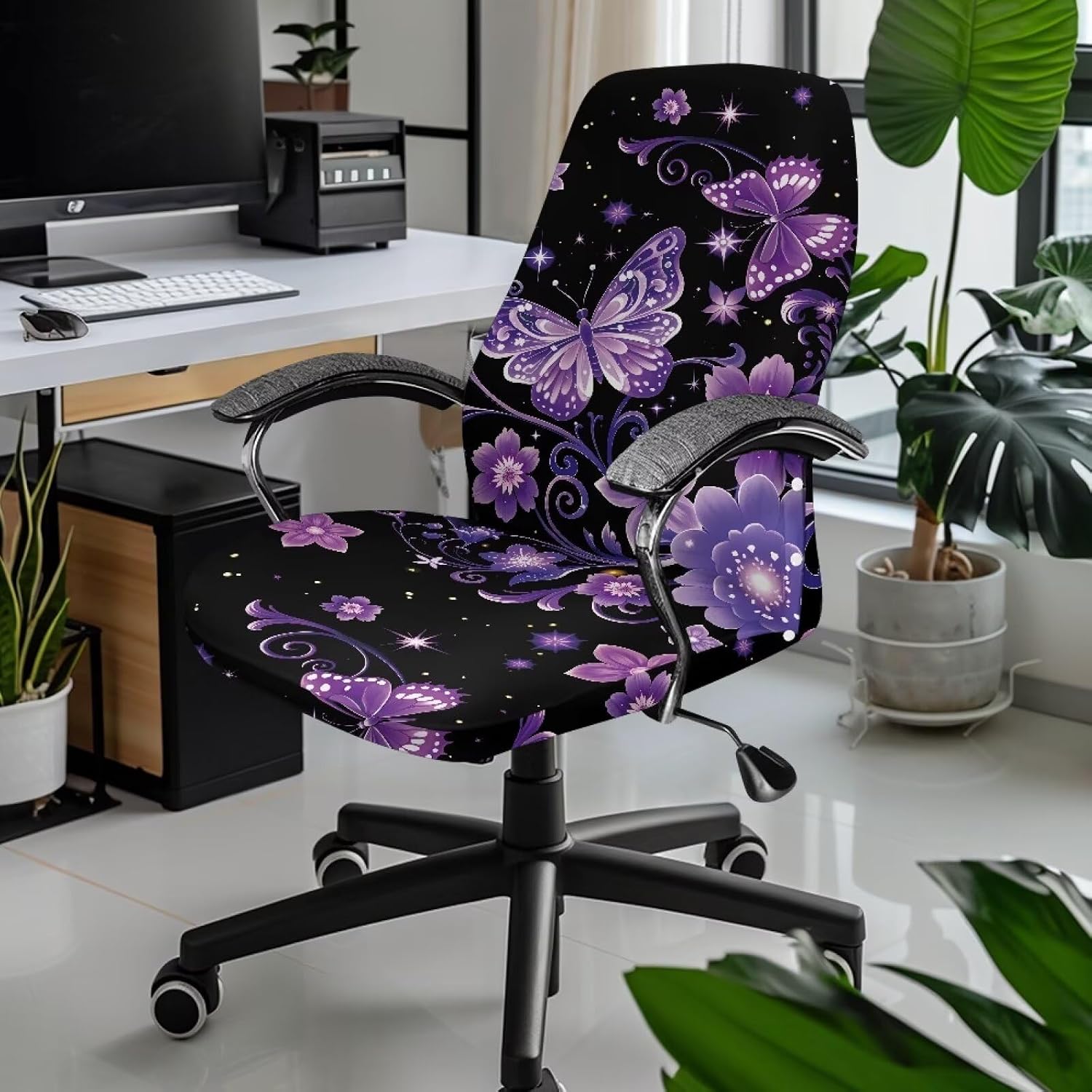 Desk Chair Cover Puprle Butterly Floral Computer Chair Cover Removable Universal Rotating Chair Slipcovers Spandex Chair Protection Large