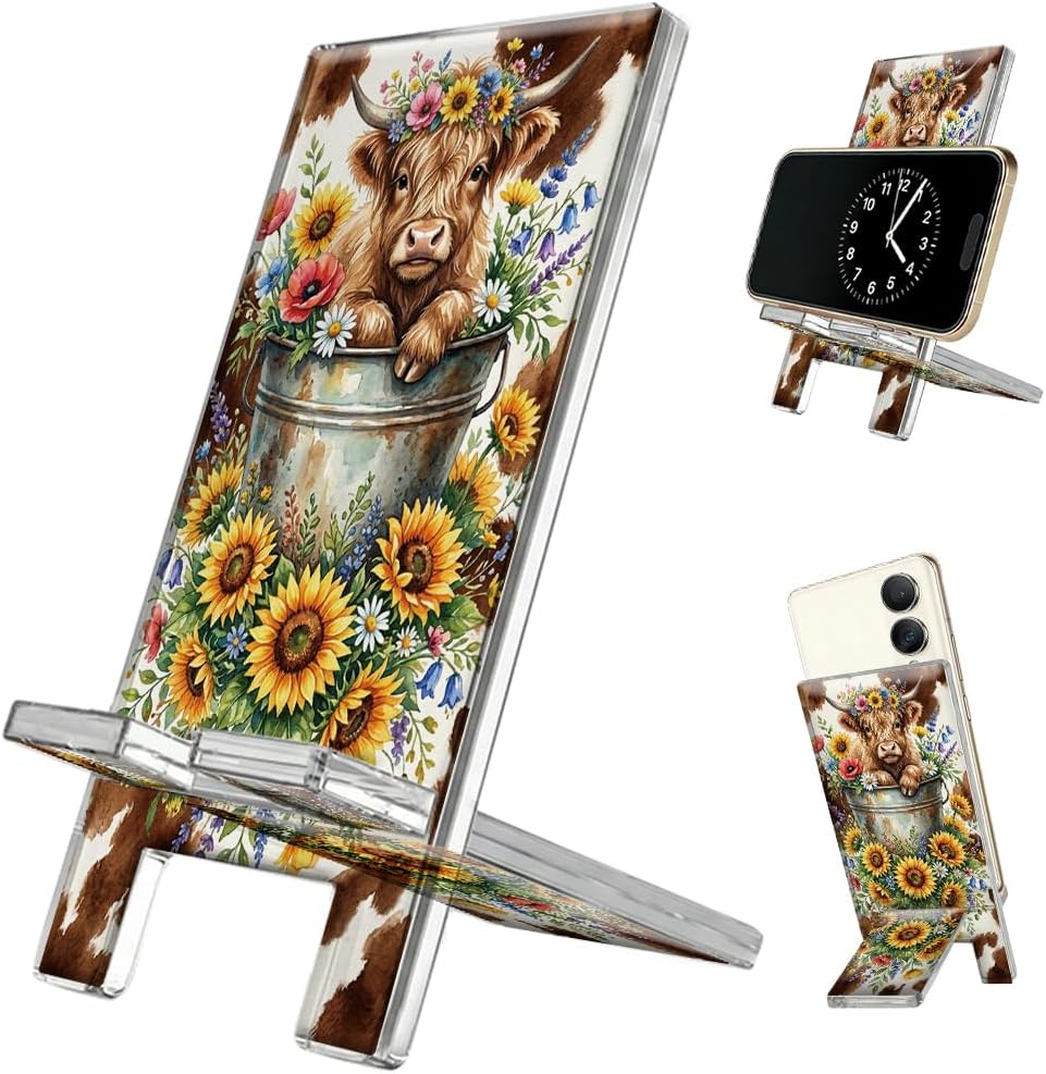 arricraft Aesthetic Acrylic Phone Stand, 5.5x2.7 Inch Western Yak Sunflowers Pattern Portable Desktop Stand Suitable Cell Phone Stands for Smartphones Switch Tablet Office Desk Accessories