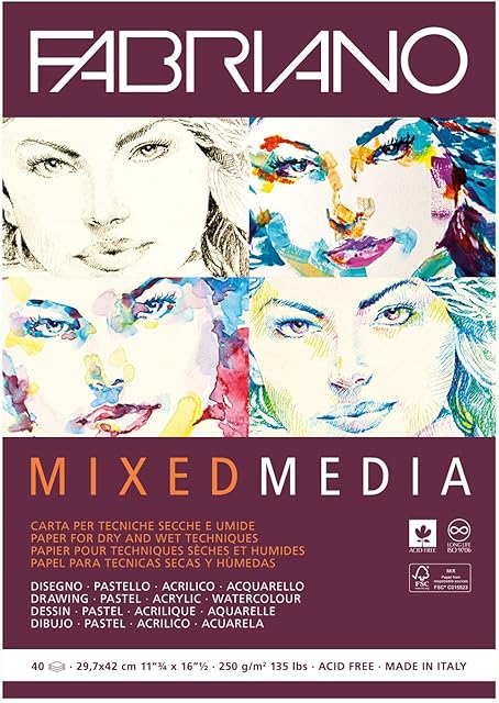 Honsel Fabriano Mixed Media Artist Paper Pad A3 40 Sheets 250gsm Suitable for Wet and Dry Painting Techniques, White