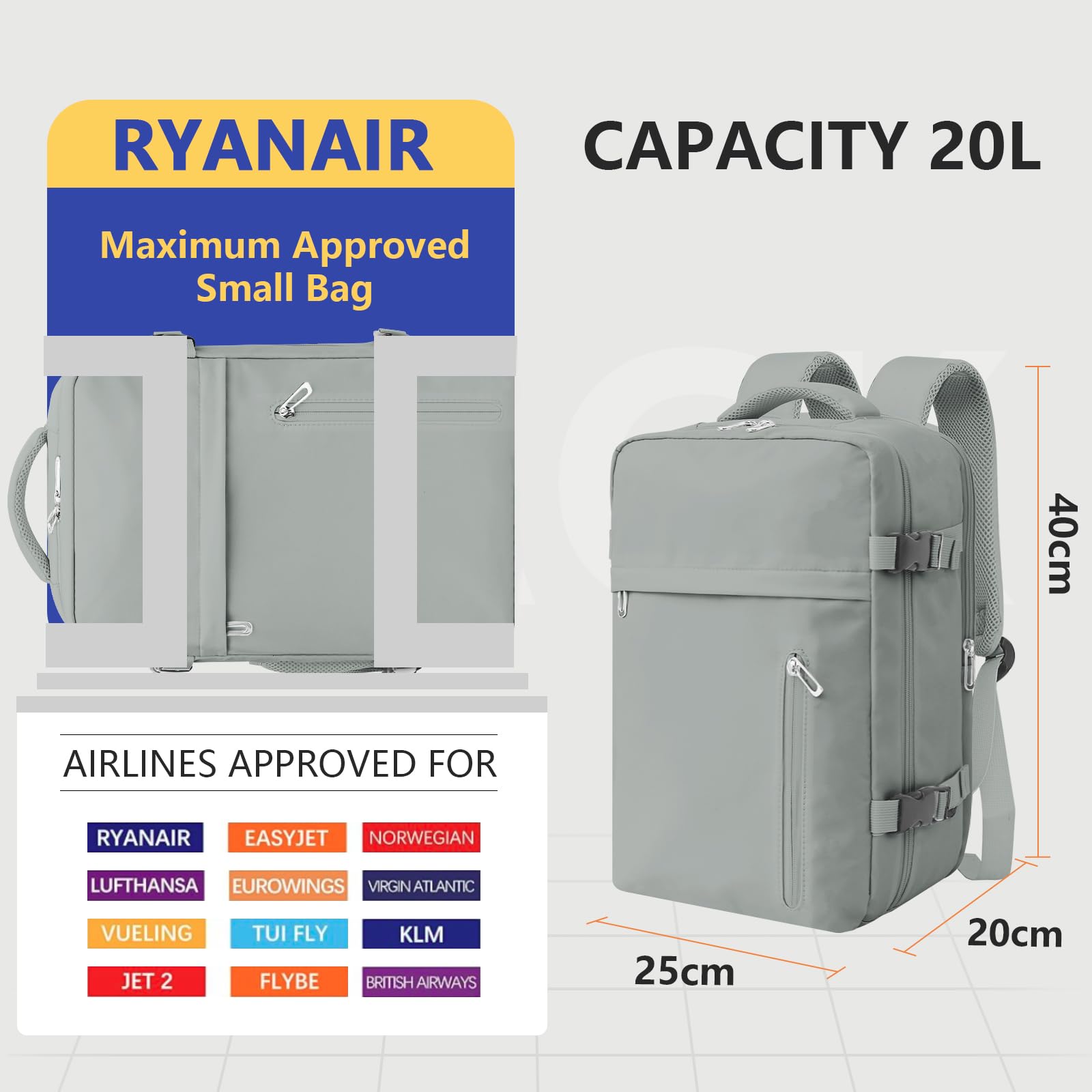 KIRFEIHT Bagaglio a Mano 40x20x25 per Ryanair Zaino da Viaggio Aereo Piccolo - Zaini Universali per Uomo e Donna, Piccola Borsa da Viaggio da Cabina, Zaini da Scuola e da Lavoro - Grigio