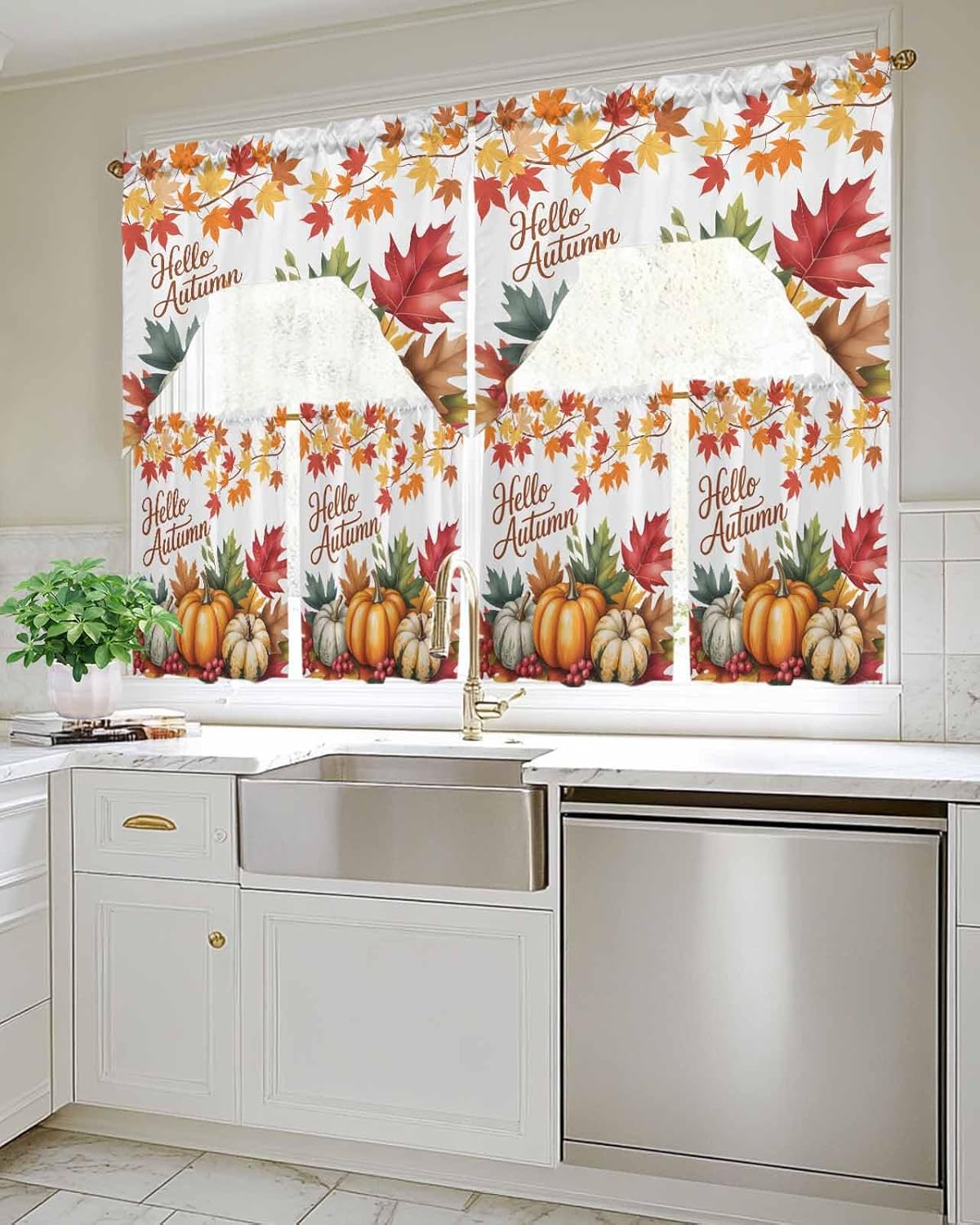 Swag Kitchen Curtains Valance and Tiers Set 24 Inch Fall Thanksgiving Hello Autumn Orange Pumpkin Maple Leaf Rod Pocket Swag Curtains Window Drapes for Living Room Bedroom Bathroom, 3 Pieces