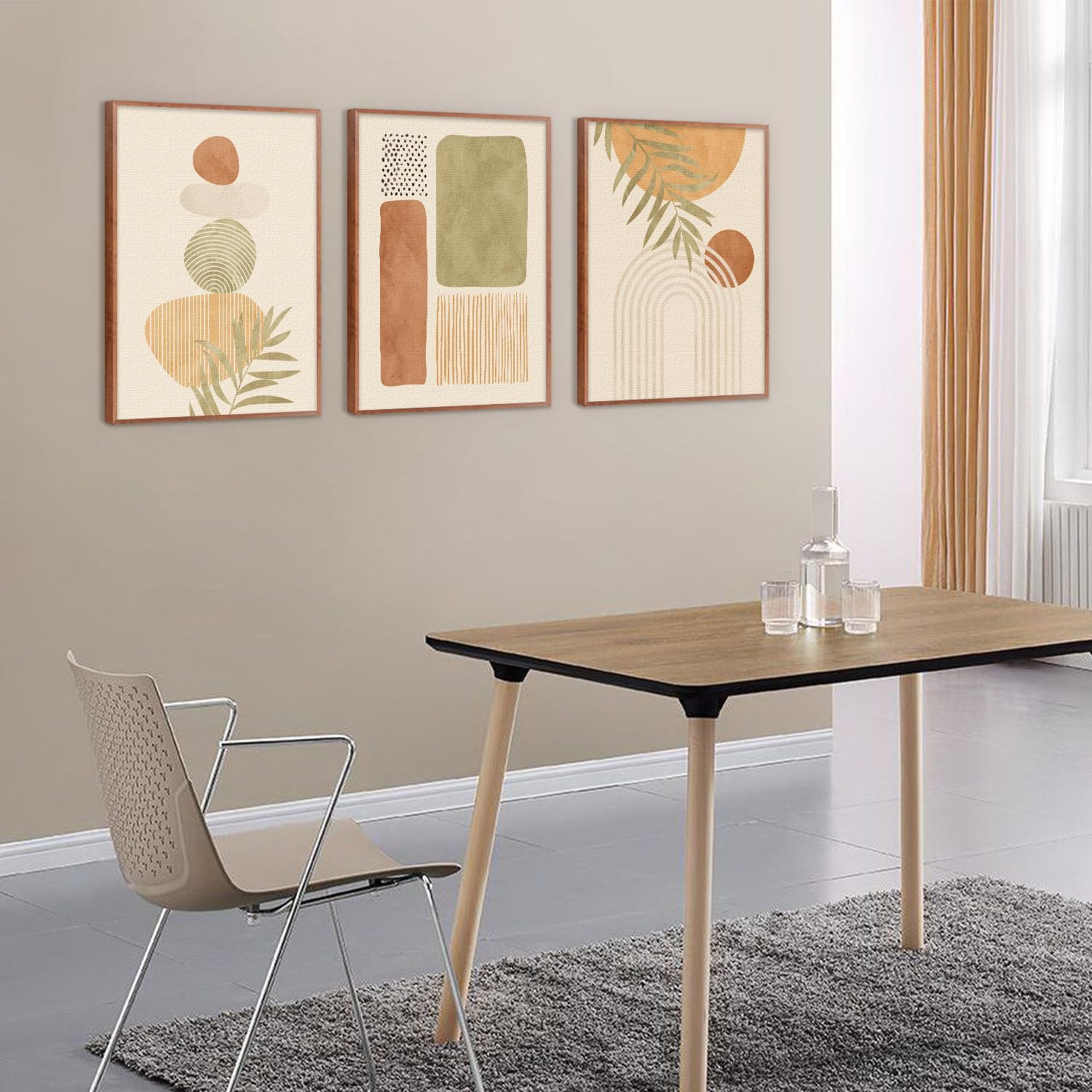 LHIUEM Mid Century Modern Decor Neutral Canvas Wall Art Set of 3(12”X16”) Large Geometric Pictures Boho Art Prints Bohemian Framed Decor Midcentury Modern Wall Art for Dining Room Living Room Bedroom