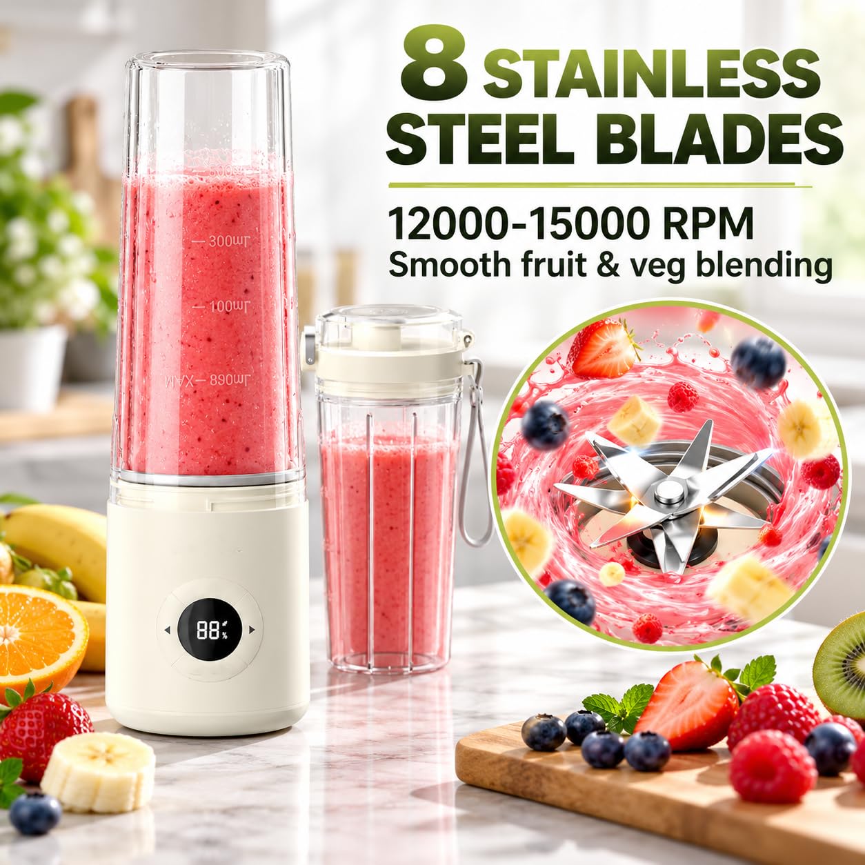 Frullatore Portatile, Frullatore per Smoothie Ricaricabile con Bicchiere