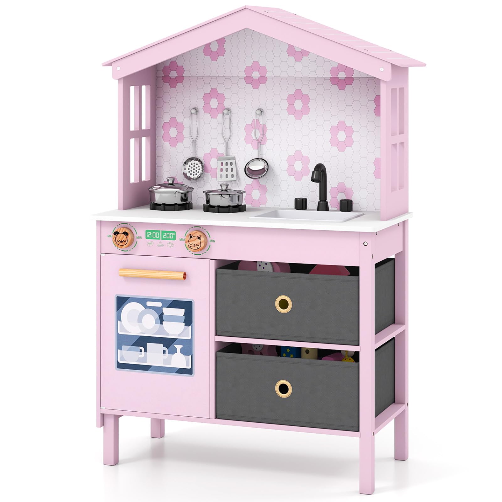 COSTWAY Kids Wooden Kitchen, Pretend Play Kitchen with 2 Stoves, Rotation Knobs, Faucet, Sink, Dishwasher, Drawers & Cabinet, Children Cooking Chef Role Playset for Boys Girls Ages 3-6 (Pink)
