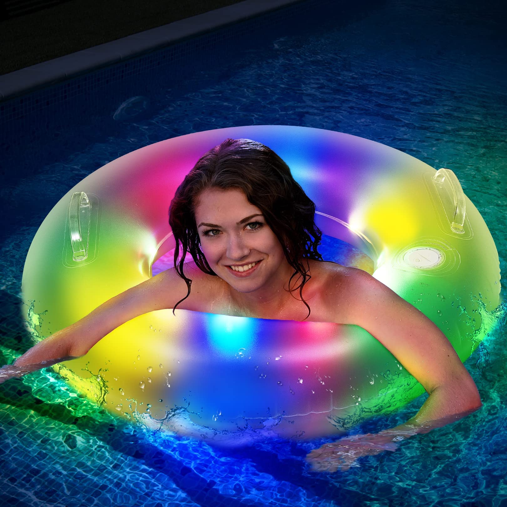 Photo 1 of Inflatable Pool Floats,39.4'' Transparent Swim Rings with Colorful LED Lights and Dual Handles Battery Operated LED Pool Floaties for Adults Swimming Toys for Summer Water Parties and Beach Fun(1 Pcs)
