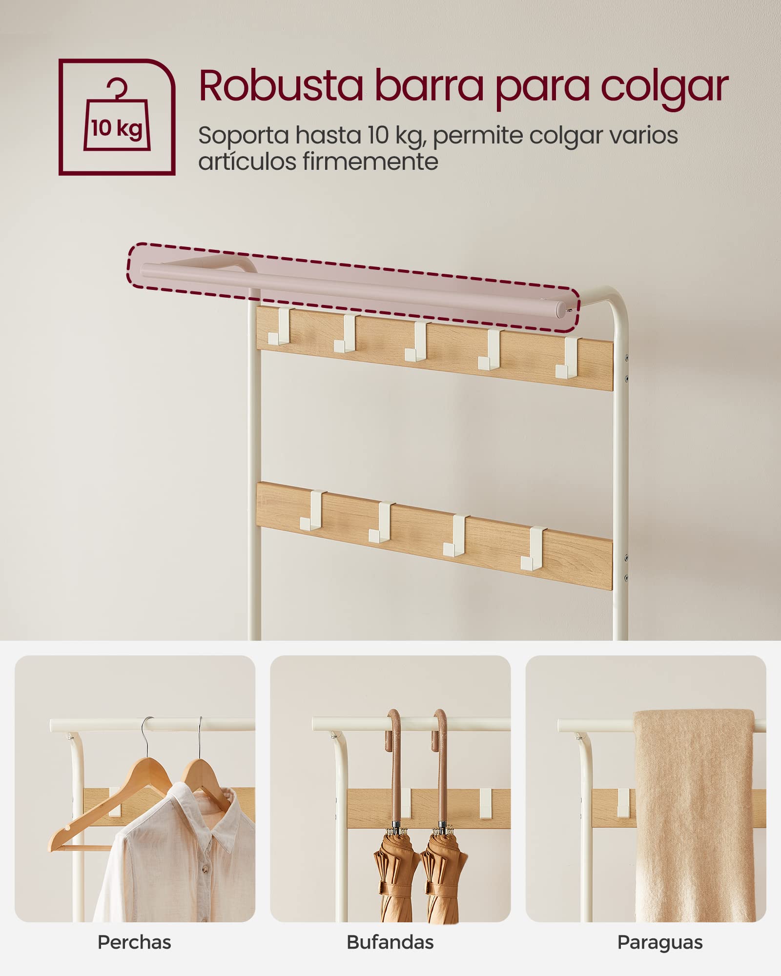 VASAGLE Perchero Zapatero, Perchero con Banco Recibidor, 4 en 1, 9 Ganchos Extraíbles, Barra Superior, para Entrada Pasillo, 33,7 x 72 x 183 cm, Moderno, Roble y Blanco HSR40W