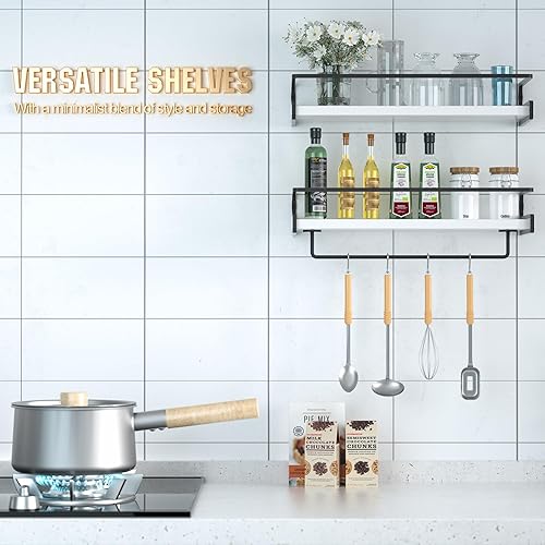 Miniatura 4 de Estantes flotantes de baño para pared, paquete de 4 estantes de baño con toallero, estantes montados en la pared de instalación múltiple