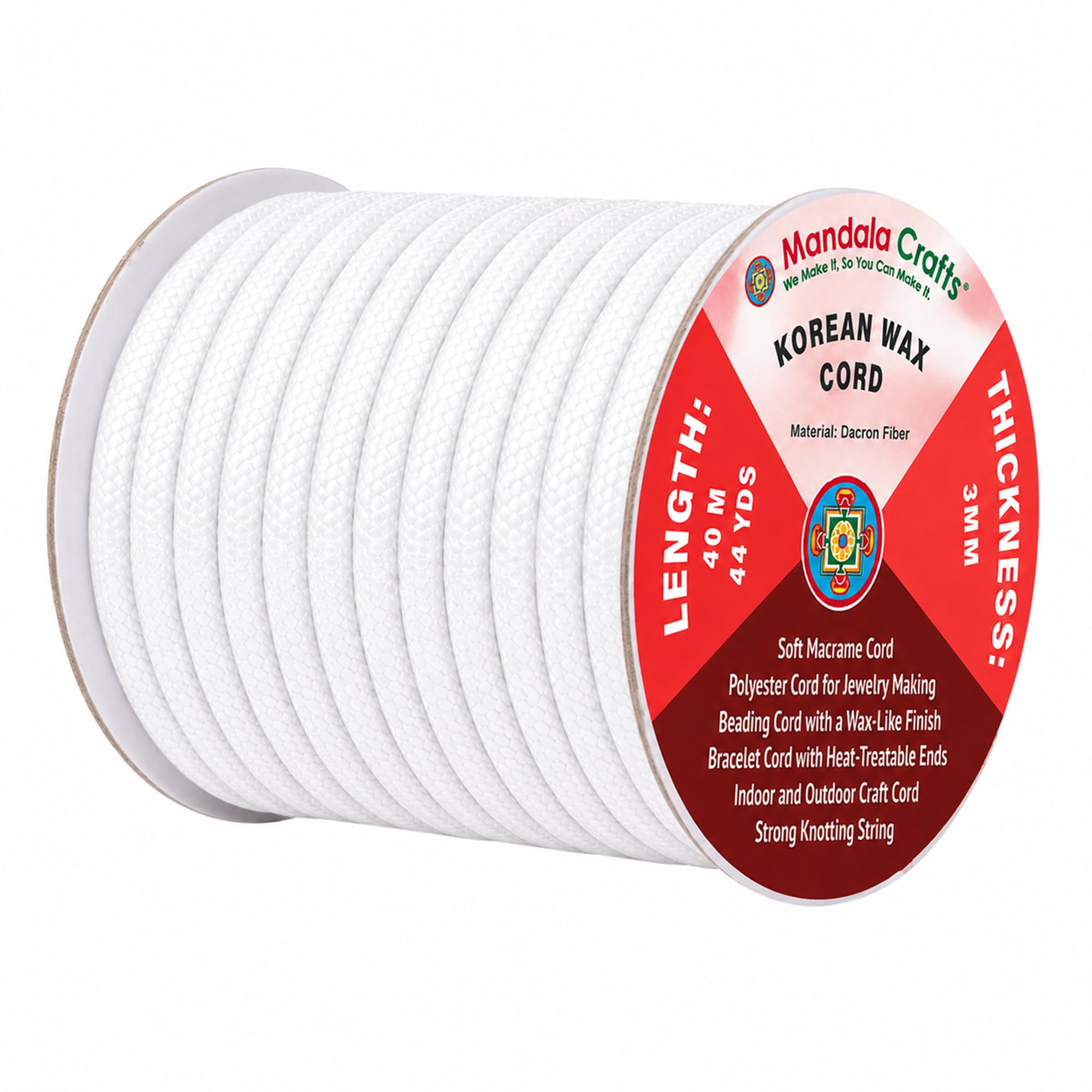 Mandala Crafts 3mm White Korean Wax Cord for Jewelry Making, 44 Yards