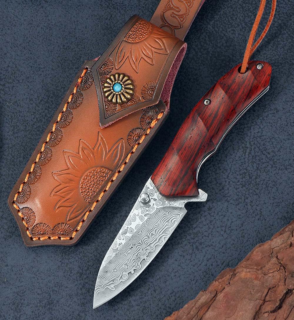 Klappmesser 6.9" Damast Taschenmesser Klein aus damaststahl, Sandelholz, Damaszener edelstahl, EDC Outdoor Messer, Survival Jagdmesser Scharfe Einhandmesser,Damascus neck knife tanto mit leder holster