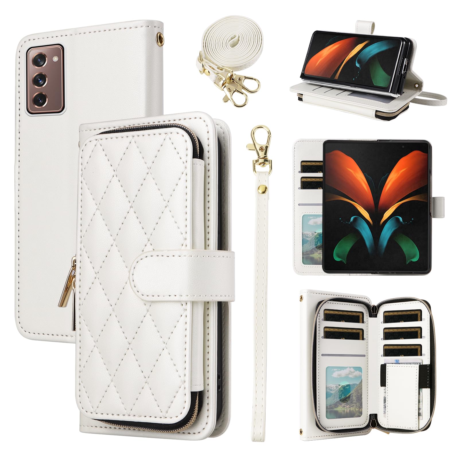 Furiet Argyle Wallet Case for Samsung Galaxy Z Fold 2 5G 2020 with Wrist Strap Shoulder Strap 9 Card Slot Zipper Purse Luxury PU Leather Stand Cell