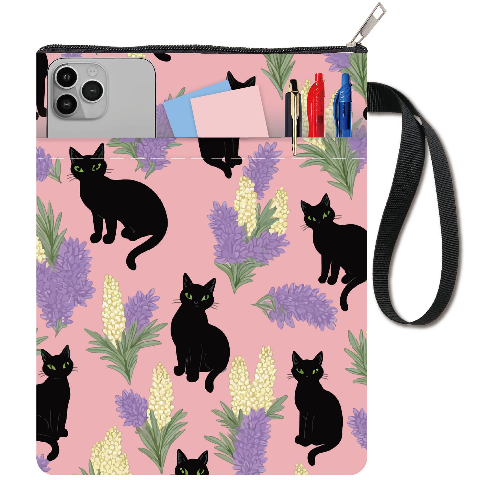 CRASPIRE 11 x 8.6 Inch Book Cover Sleeve Black Cat Purple Yellow Flower Floral with Pocket Cloth Washable Notebook Paperback Protector Bag Zipper Extra for Book Lover Classmate Gift Bookworm Librarian — image 1