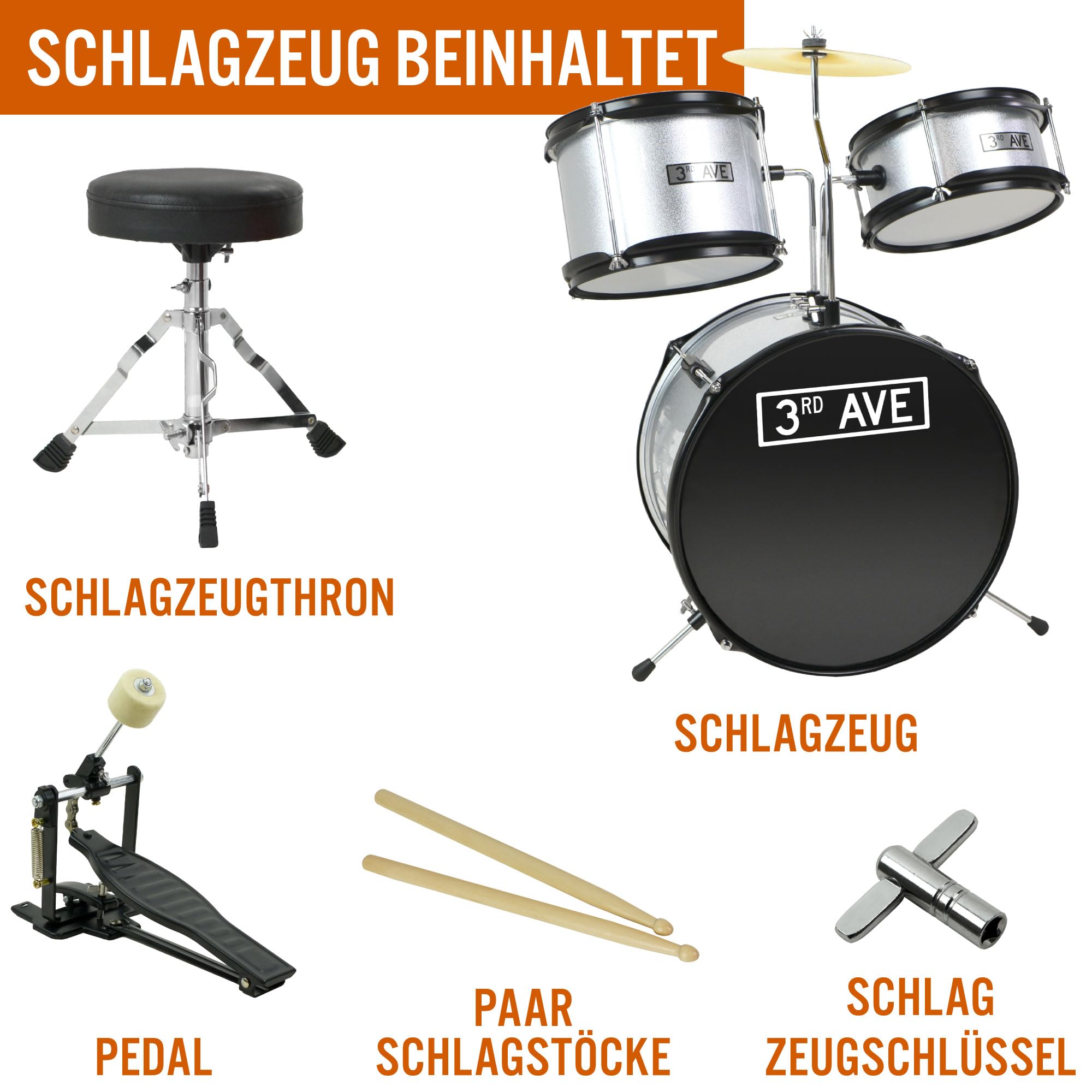 3rd Avenue Junior Kinder-Schlagzeug Für Anfänger, 3-Teiliges Schlagzeug-Set Mit Becken, Hocker Und Stöcken In Silber – Kostenlose 6-Monatige Lektionen