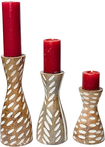 Juego de 3 portavelas de madera de mango rústico  Portavelas hecho a mano para decoración del hogar (juego de llama divina)