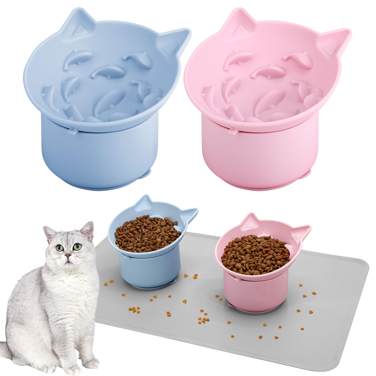 Guiqulai 2 Pack Pink, Blue Slow Feeder for Cat Bowls, Silicone Tilted Raised Pet Bowl with Non Slip Base for Digestion Anti Vomit