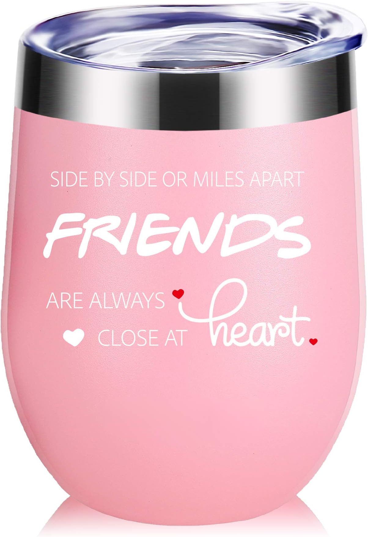 Best Friend Gifts.Side By Side or Miles Apart,Friends Are Always Close at Heart 12 OZ Wine Glass Tumbler.Long Distance Friendship,Birthday,Christmas Gifts for Friends Bestie Women Mug(Light Pink)
