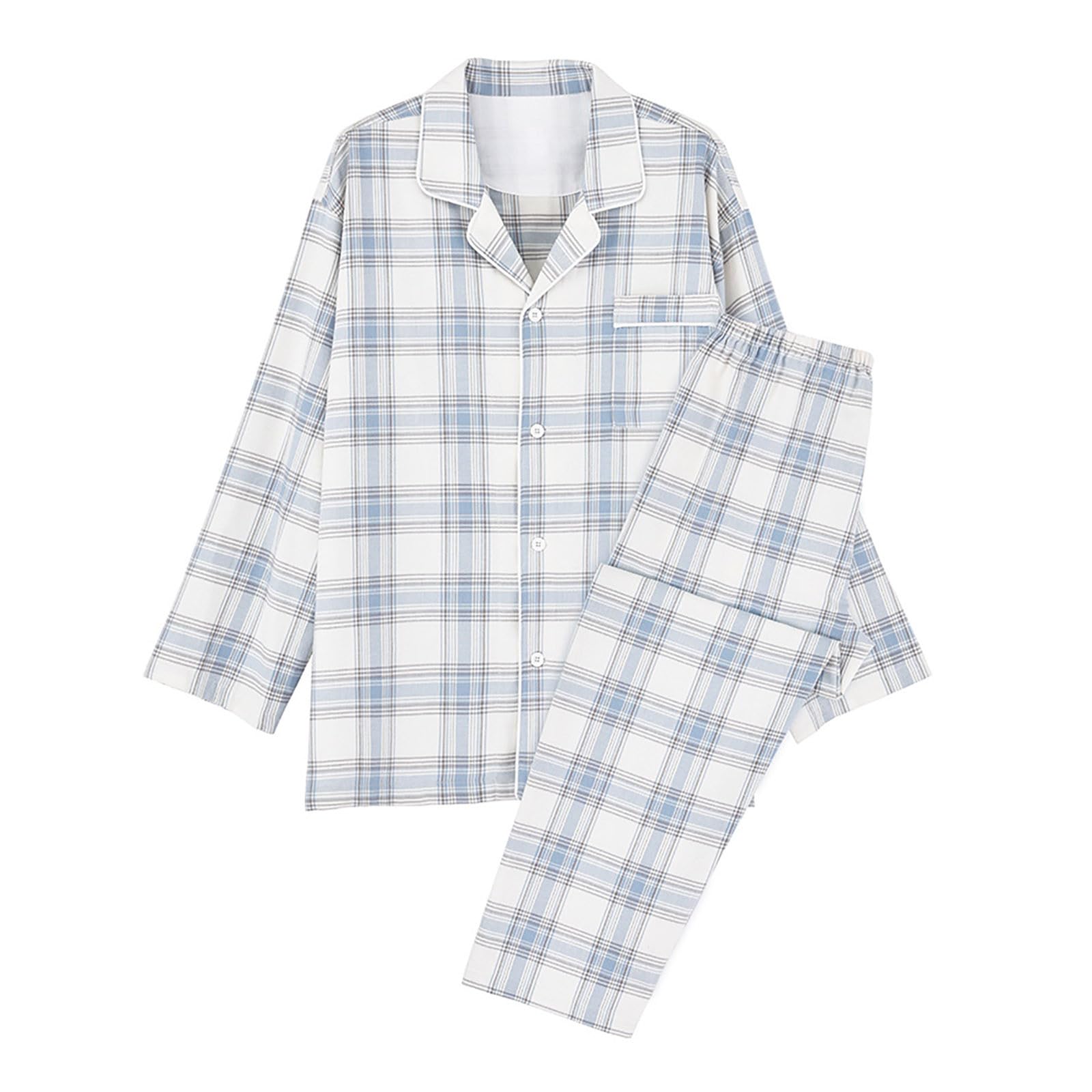 Pijama para hombre a cuadros, juego de pijama largo de dos piezas, ropa de dormir larga, juego de pijama con tira de botones, goma elástica, otoño e invierno, cómodo traje de casa