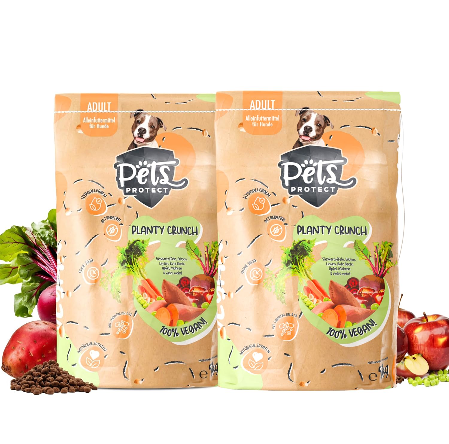 Powerstar Planty Crunch Hundefutter vegan 2x5000g - allergikerfreundlich | Getreide- und sojafrei mit Carnitin - Vitamin B12 und D3 - für Hunde mit Futtermittelallergie - Trockenfutter