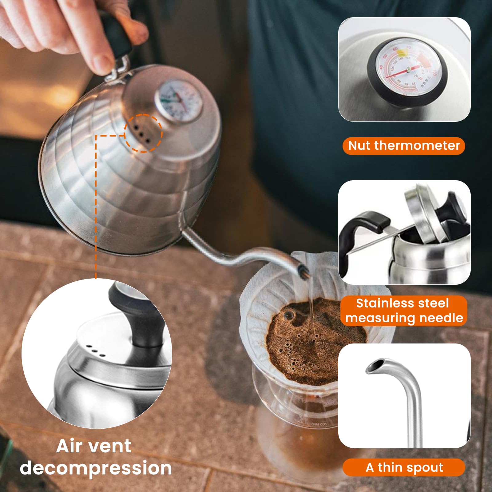 1L Zwanenhals Waterkoker 1350W 304 Roestvrij Staal Duurzame Lekkage Proof Boiler Waterkoker Koffieketel