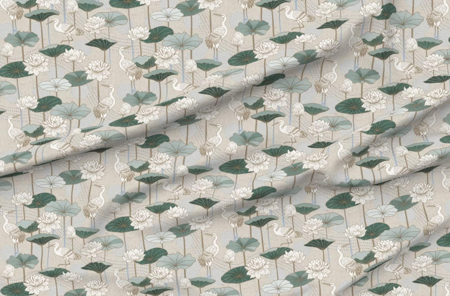 Spoonflower Fabric - White Lotus Cranes Green Asian Floral Birds Deco Printed on Organic Cotton Sateen Fabric by The Yard - Sewing Quilting Apparel Home Decor