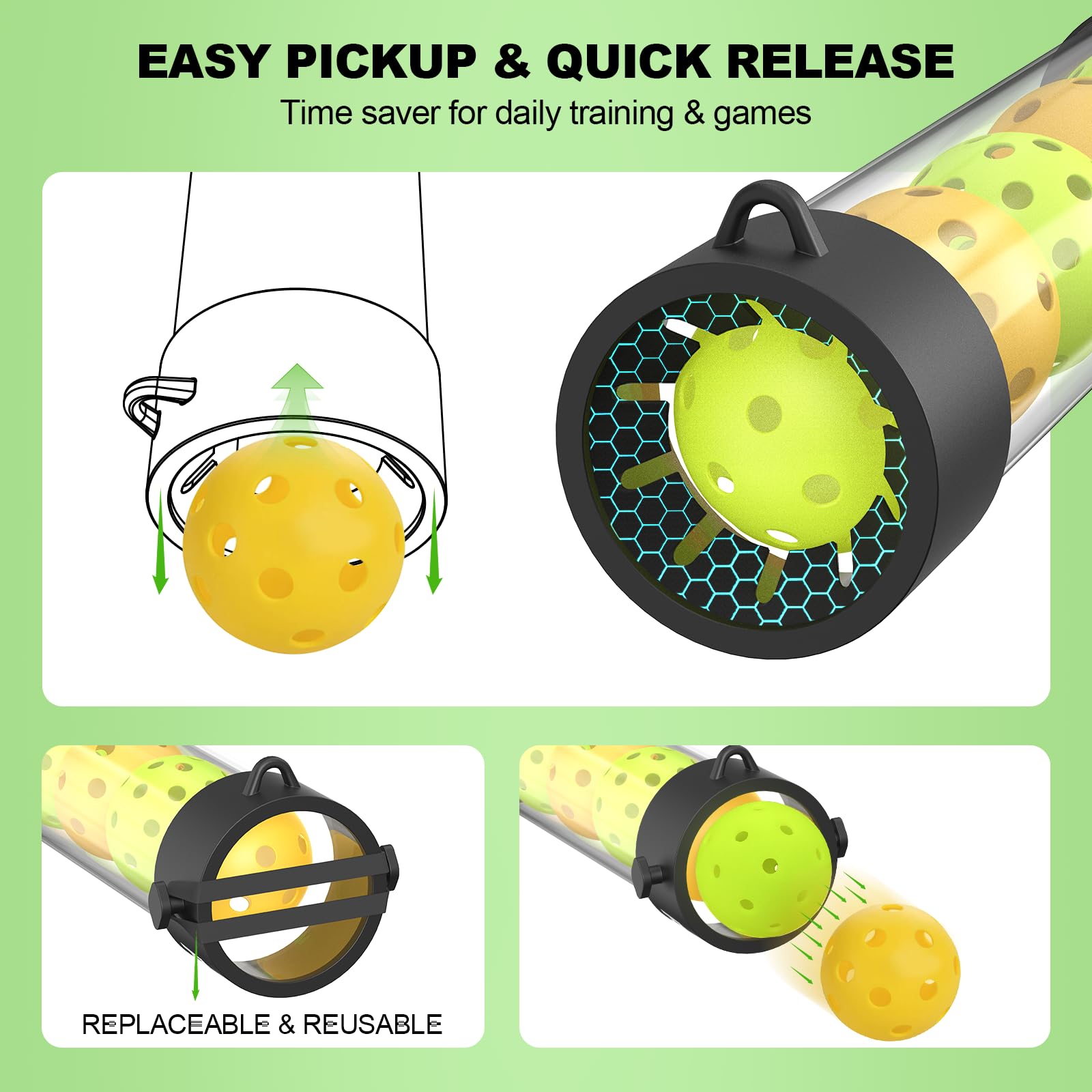 AMPICKLE Pickleball Ball Retriever 17 Balls Pickleball Pickup Tube with Shoulder Strap,Quick and Portable for Pickleball Tube Ball Pickup,Lightweight Pickleball Picker Upper Ball Holder 3