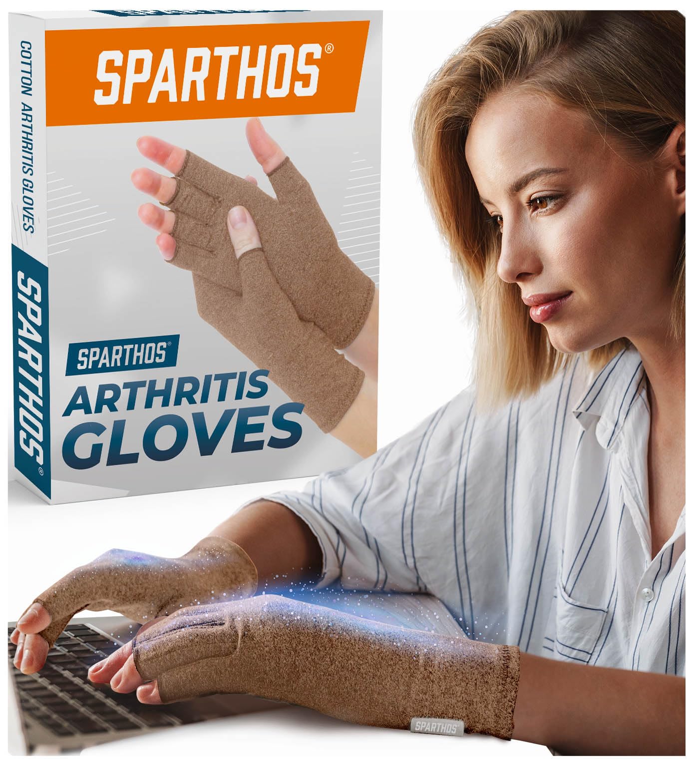 Sparthos Arthritis Hand Compression Gloves - Helps With Carpal Tunnel, Neuropathy & Artritis Pain - Support Your Hands While Typing - Fingerless Circulation Glove - Fits Men & Women (Beige - Medium)