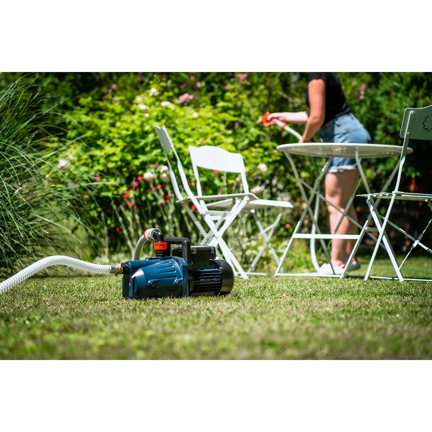 Kit Arrosage Spid'O - Pompe d'Arrosage Corps Fonte 1000W + Kit Aspiration 7m | AF 100 | 4000 L/h - 4,5 bars - 45m | Jardins jusqu'à 1500m²