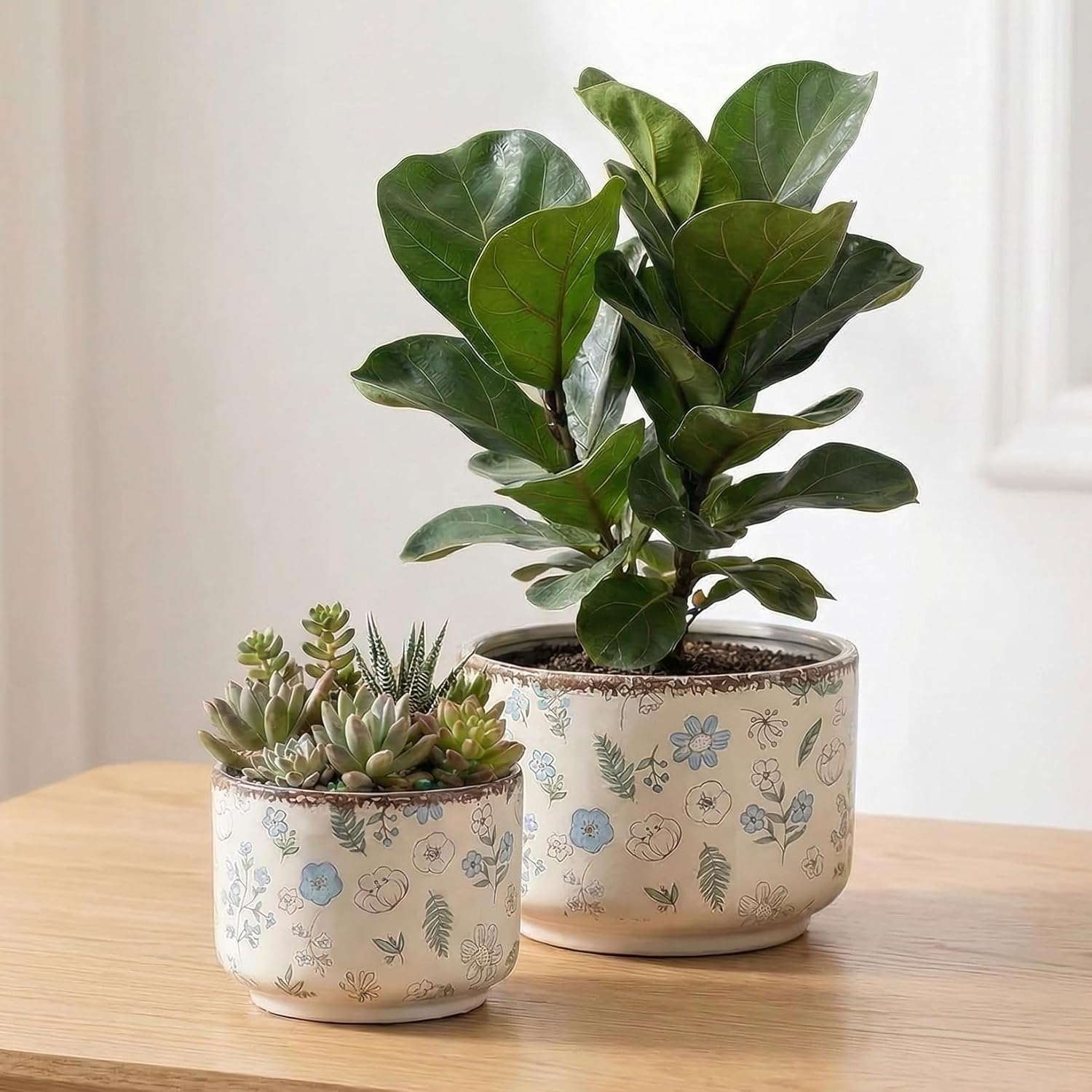 Ice Crack Plant Pots with Drainage, 6 & 7 inch Ceramic Planters for Indoor Outdoor Plants, Set of 2 Vintage Flower Pots, Rustic Tuscan Decor for Gardening, Kitchen Bedroom, Blue & Beige