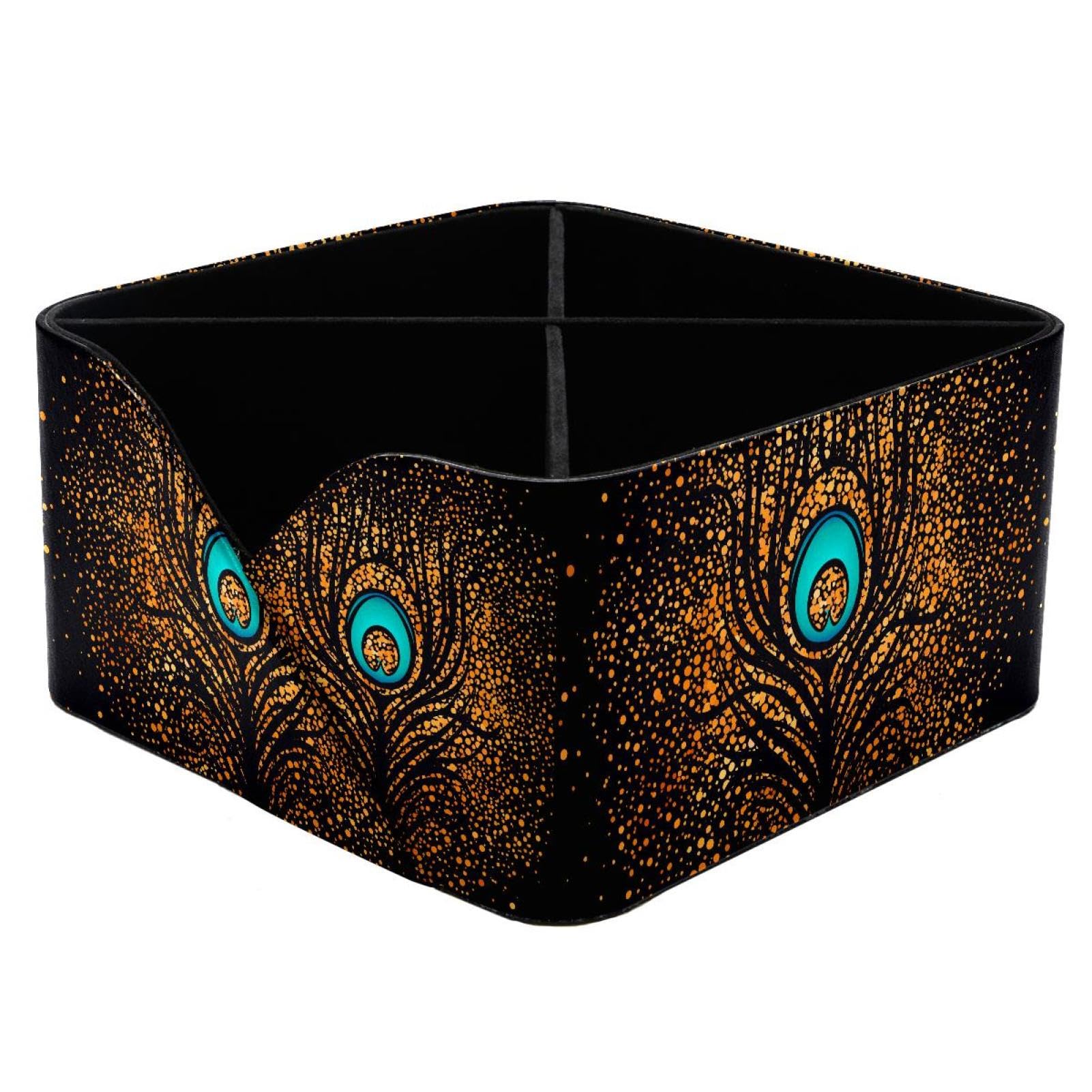 KengjuTesu Peacock Feather over Gold Sparkling Pattern Desktop Organizer Pen Holder, Rectangular Pencil Cup for Office, Study and Makeup Stations