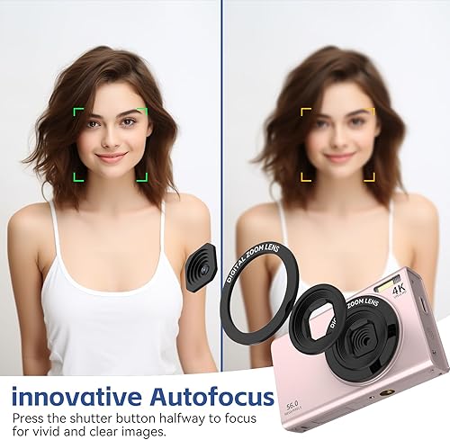 Miniatura 5 de Cámara digital, 56 MP FHD 1080P con zoom digital de 16X y antivibración, pantalla de 2.8 pulgadas, cámara compacta de punto y disparo para niños,